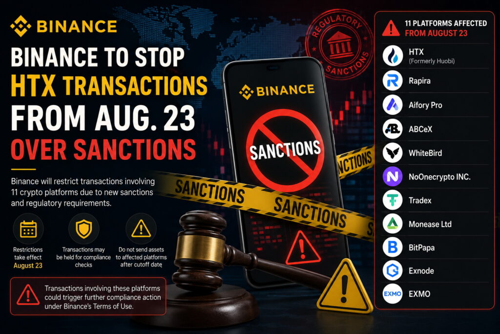 Binance to Restrict Transactions With HTX and 10 Other Crypto Platforms
